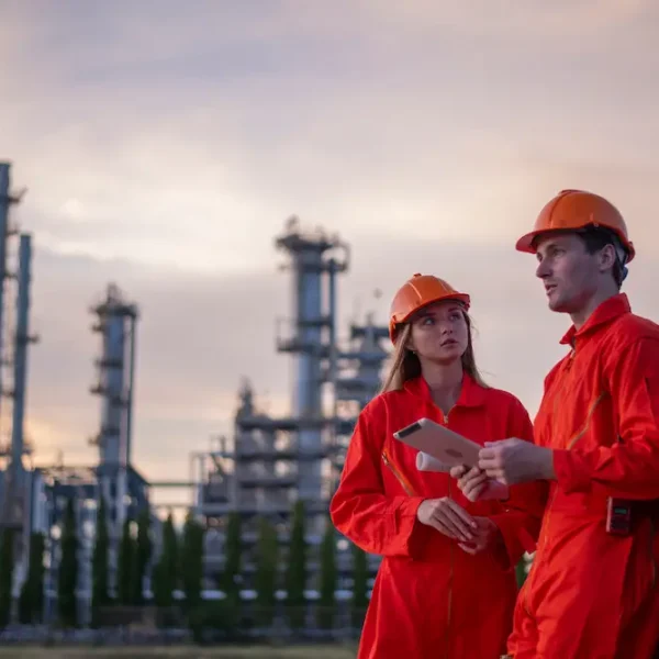 Inženjeri u narandžastim uniformama u industrijskom postrojenju tokom kontrole procesa